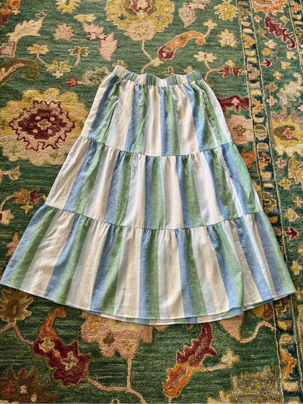 Loft Blue Tiered Linen Blend Green Sz L  Madras Maxi Colorblock Boho Coastal